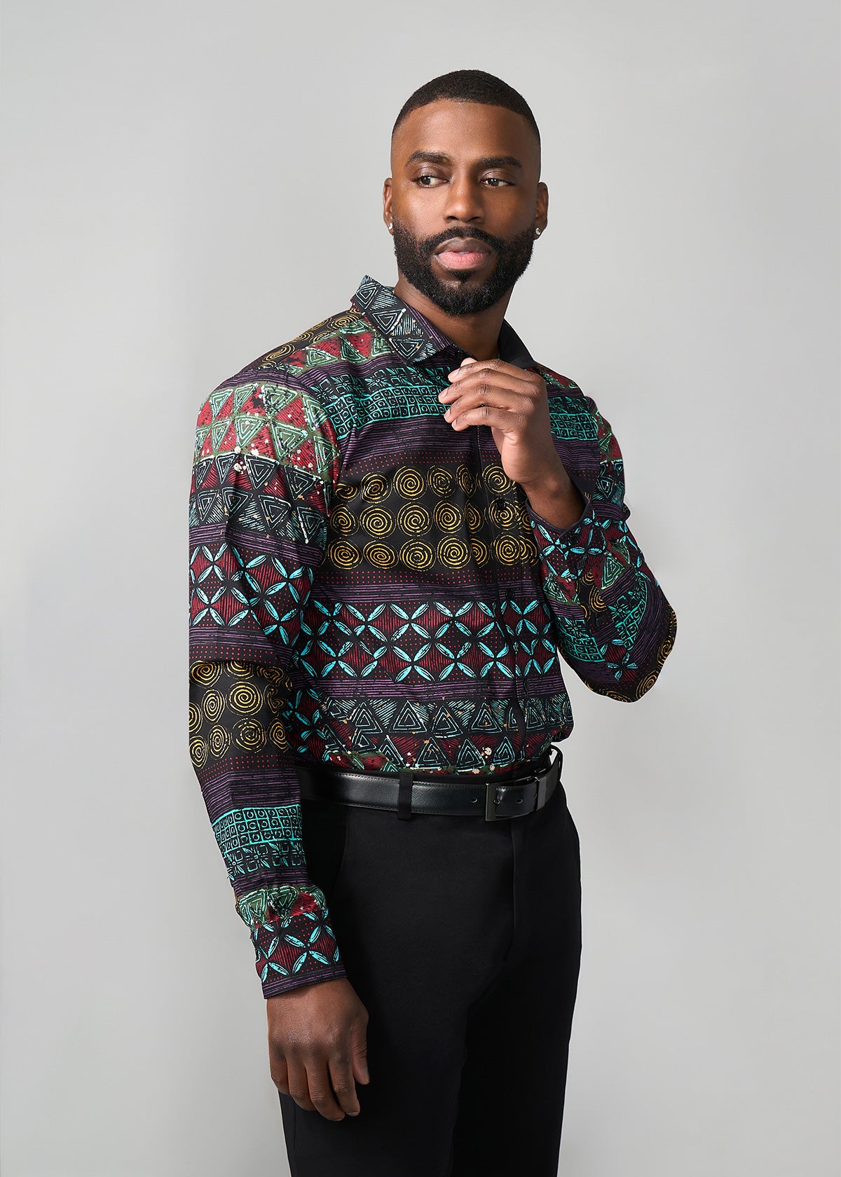 Mazi Men's African Print Button-up Shirt (Teal Maroon Multipattern)