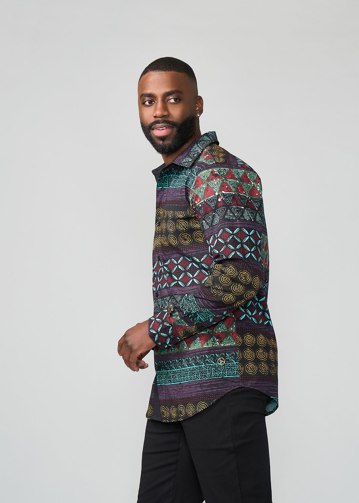 Mazi Men's African Print Button-up Shirt (Teal Maroon Multipattern)