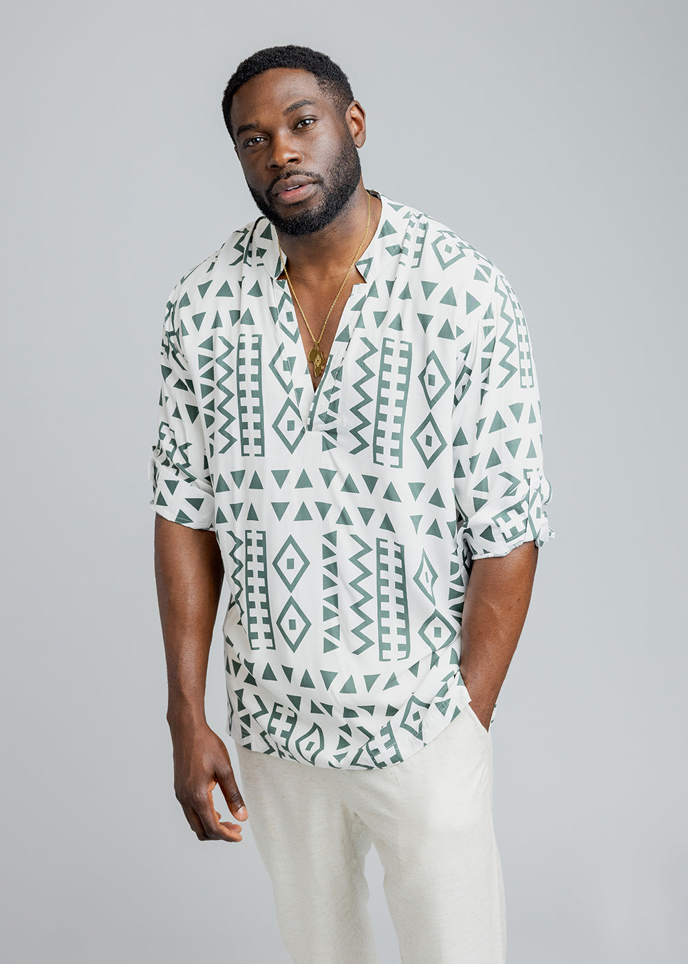 Ajisomo Men's African Print Tunic Shirt (White Olive Tribal)