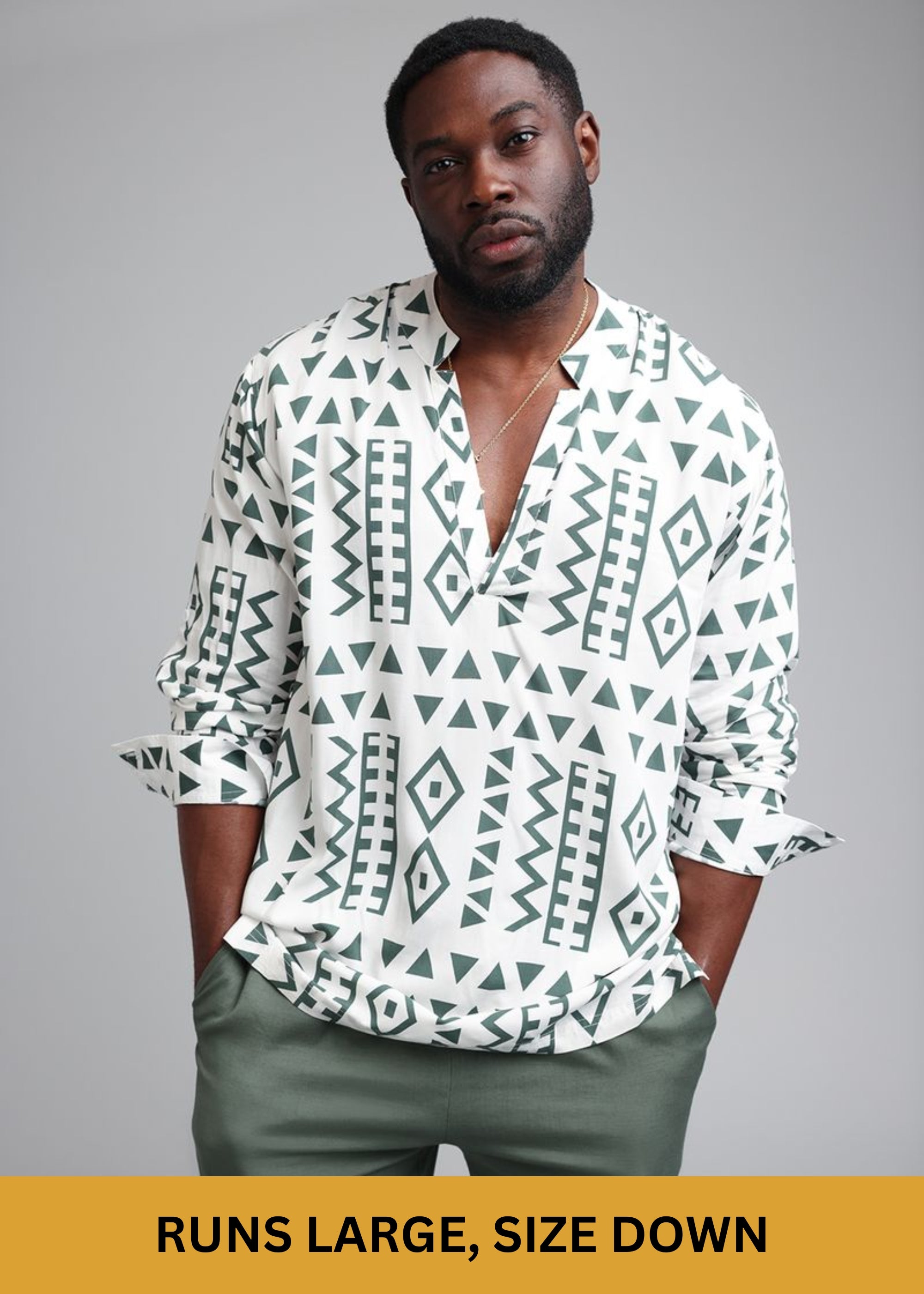 Ajisomo Men's African Print Tunic Shirt (White Olive Tribal)