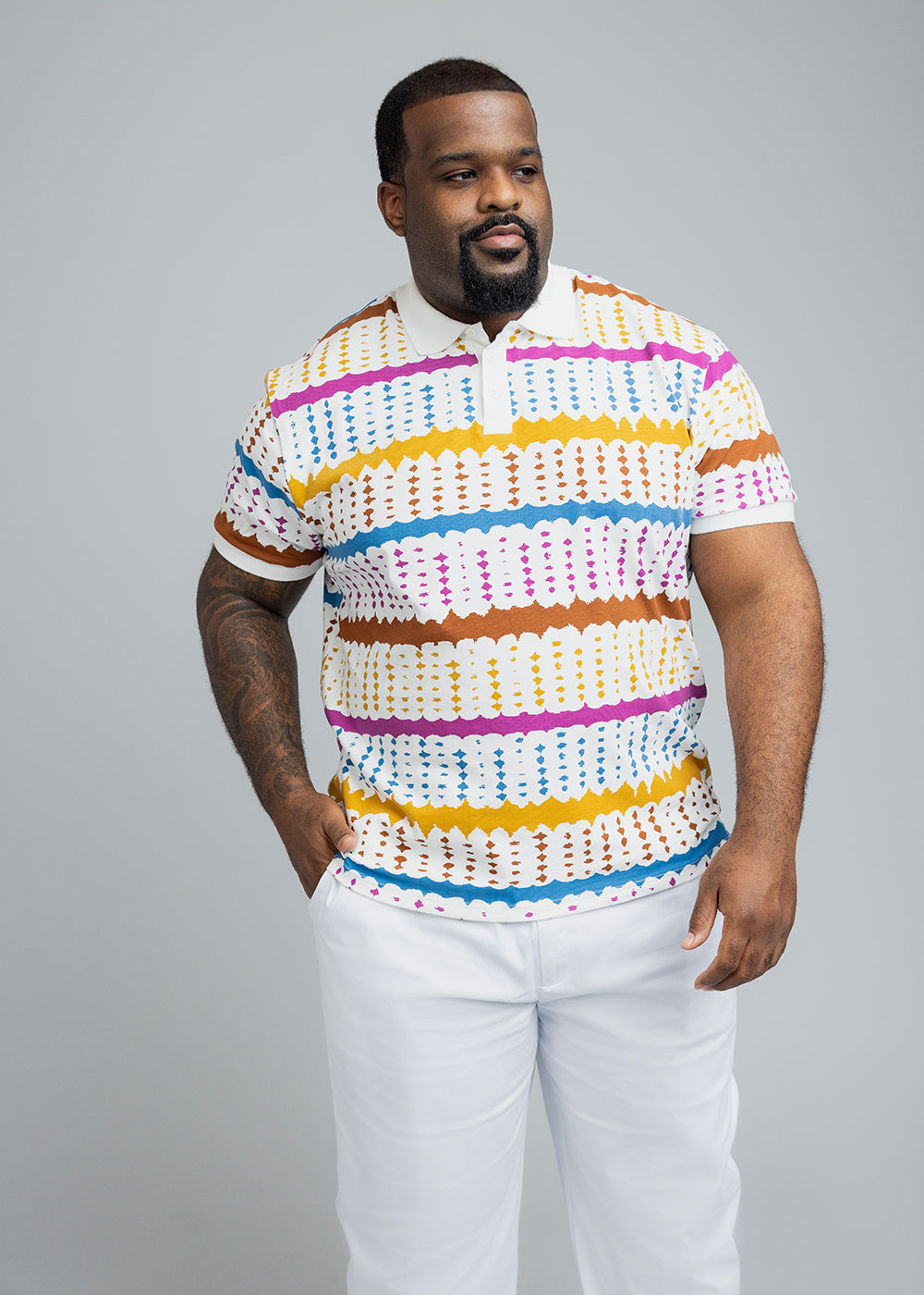 Femi Men's African Print Polo Shirt (White Nautical Adire)