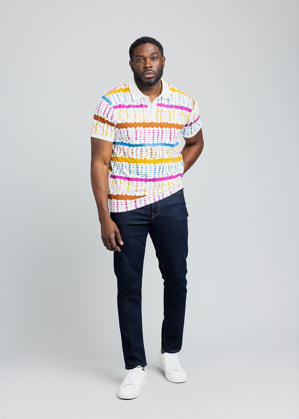 Femi Men's African Print Polo Shirt (White Nautical Adire)