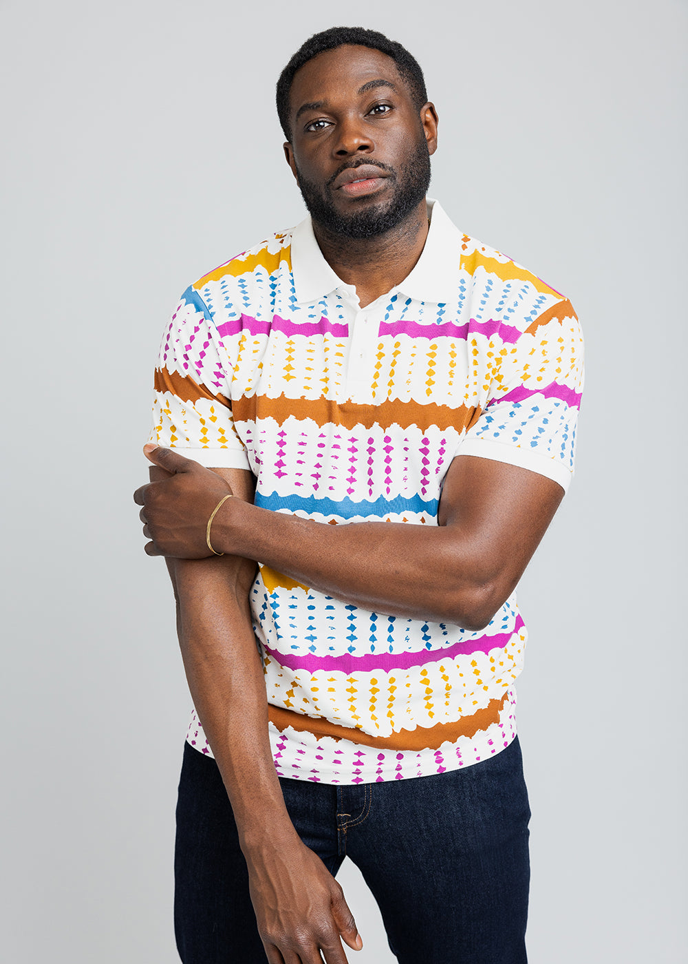 Femi Men's African Print Polo Shirt (White Nautical Adire)