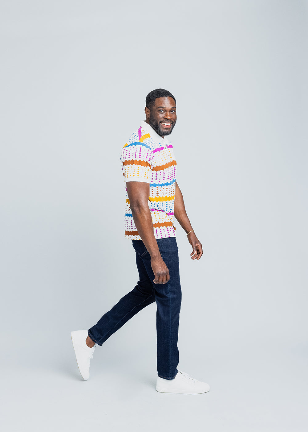 Femi Men's African Print Polo Shirt (White Nautical Adire)