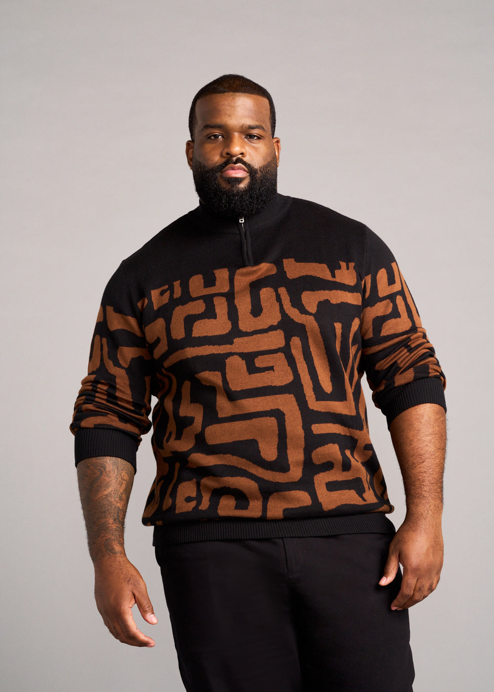 Hamadi Men's African Print Quarter Zip Sweater (Espresso Geometric)