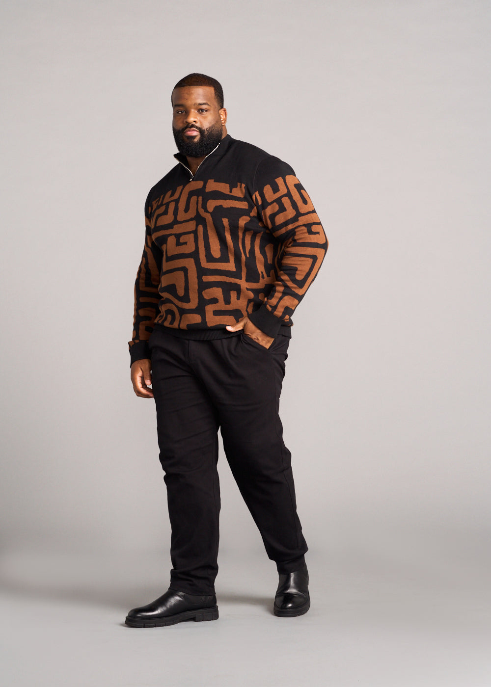 Hamadi Men's African Print Quarter Zip Sweater (Espresso Geometric)