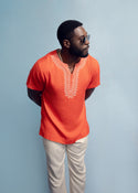 Izibili Men's African Linen Blend Embroidered Tunic Shirt (Deep Coral)