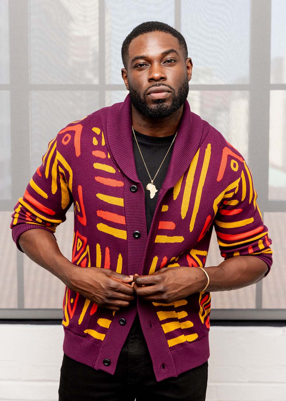 Aren Men's African Print Cardigan Sweater (Plum Gold Tribal)