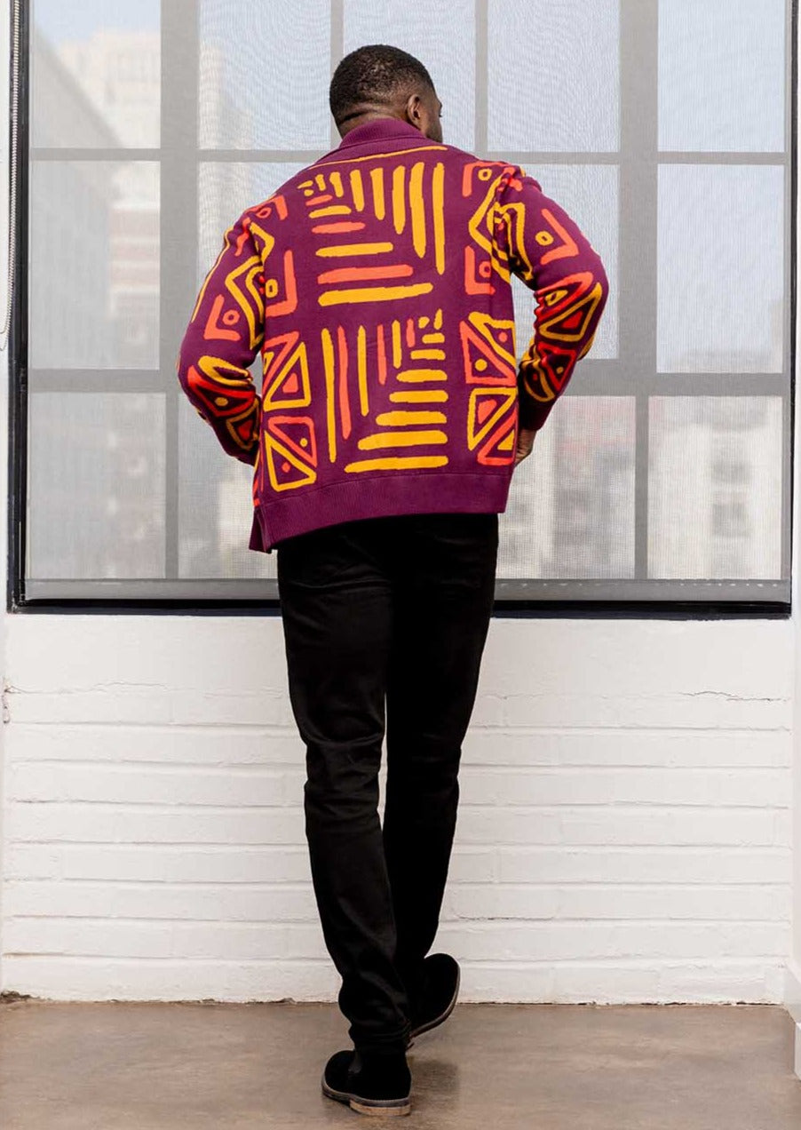 Aren Men s African Print Cardigan Sweater Plum Gold Tribal