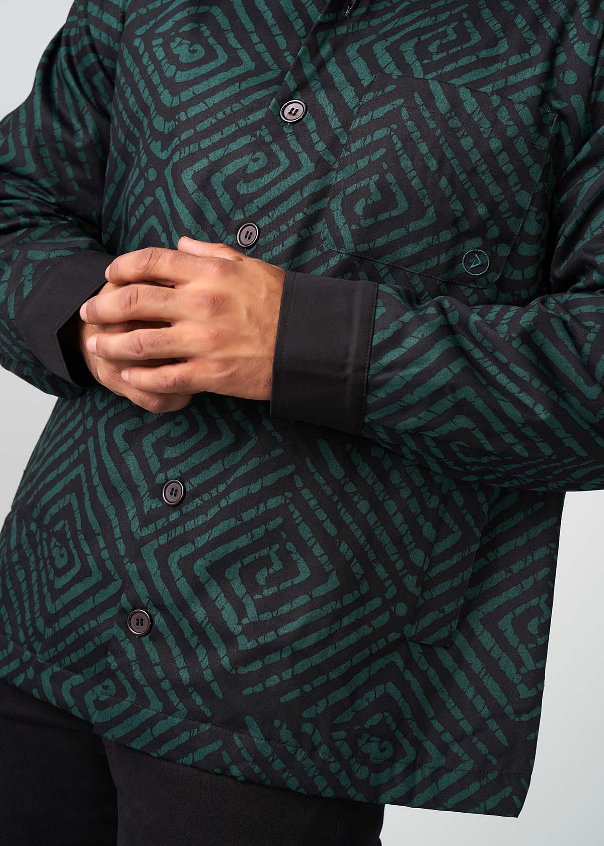 Obike Men's African Print Shirt Jacket  (Malachite Diamond Adire)