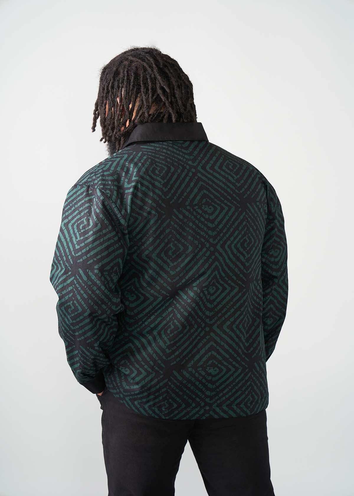 Obike Men's African Print Shirt Jacket  (Malachite Diamond Adire)