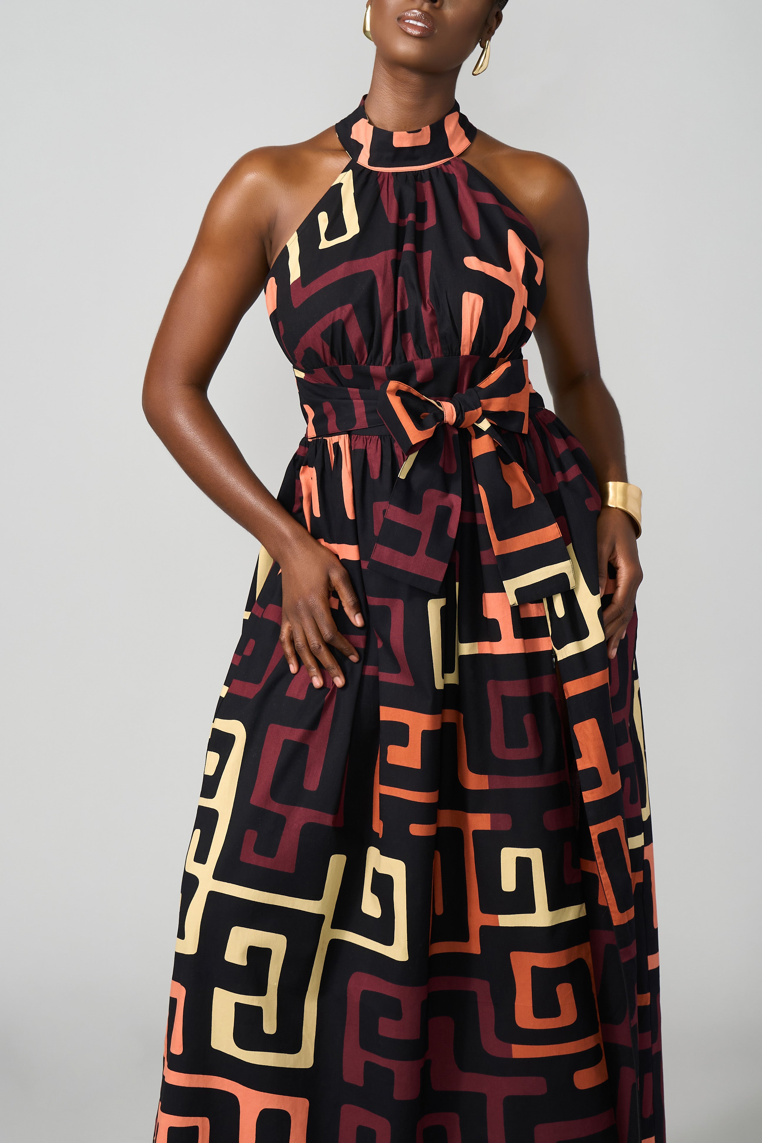 Ronke Women's African Print Maxi Dress (Neutral Kuba Geometric)