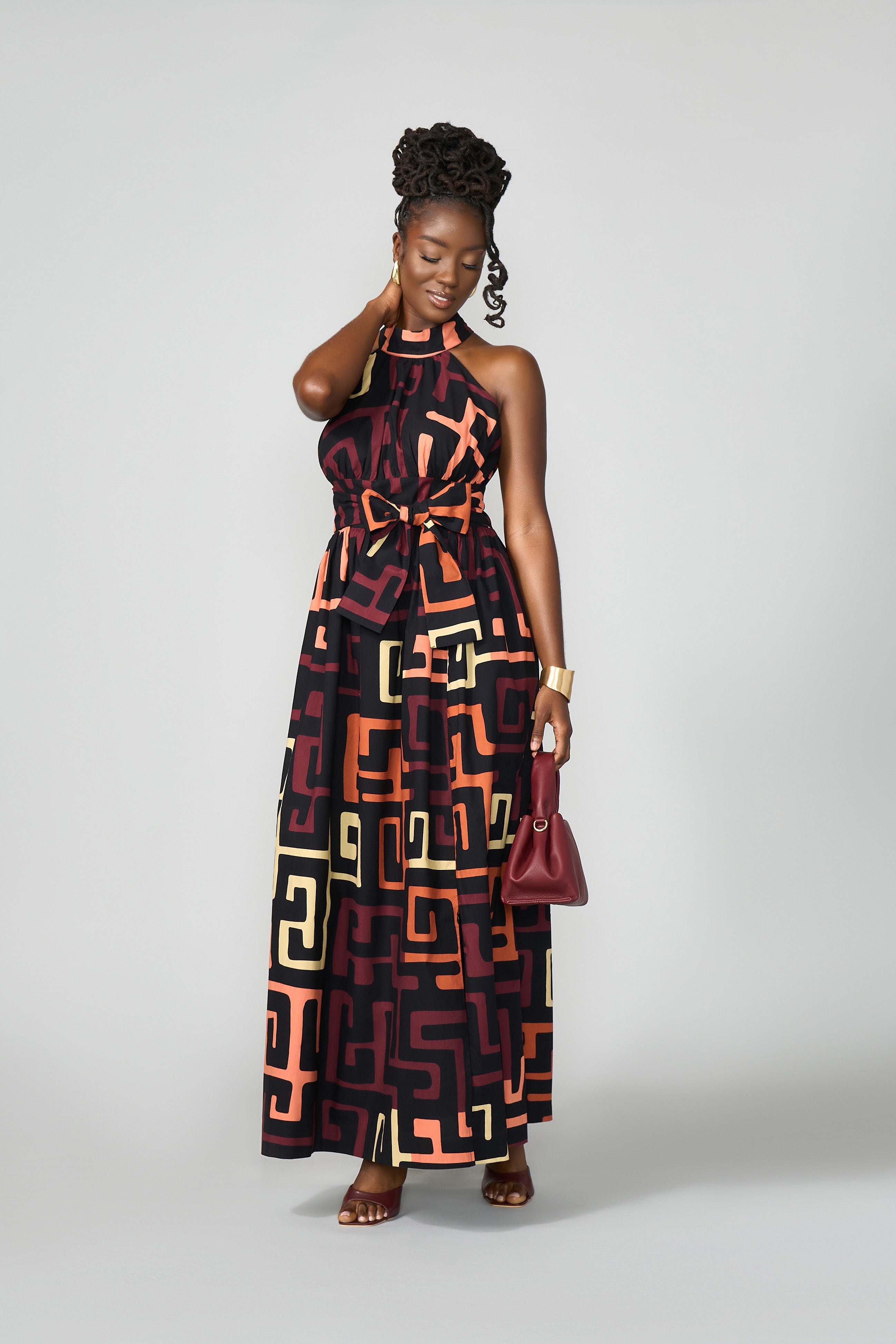 Ronke Women's African Print Maxi Dress (Neutral Kuba Geometric)