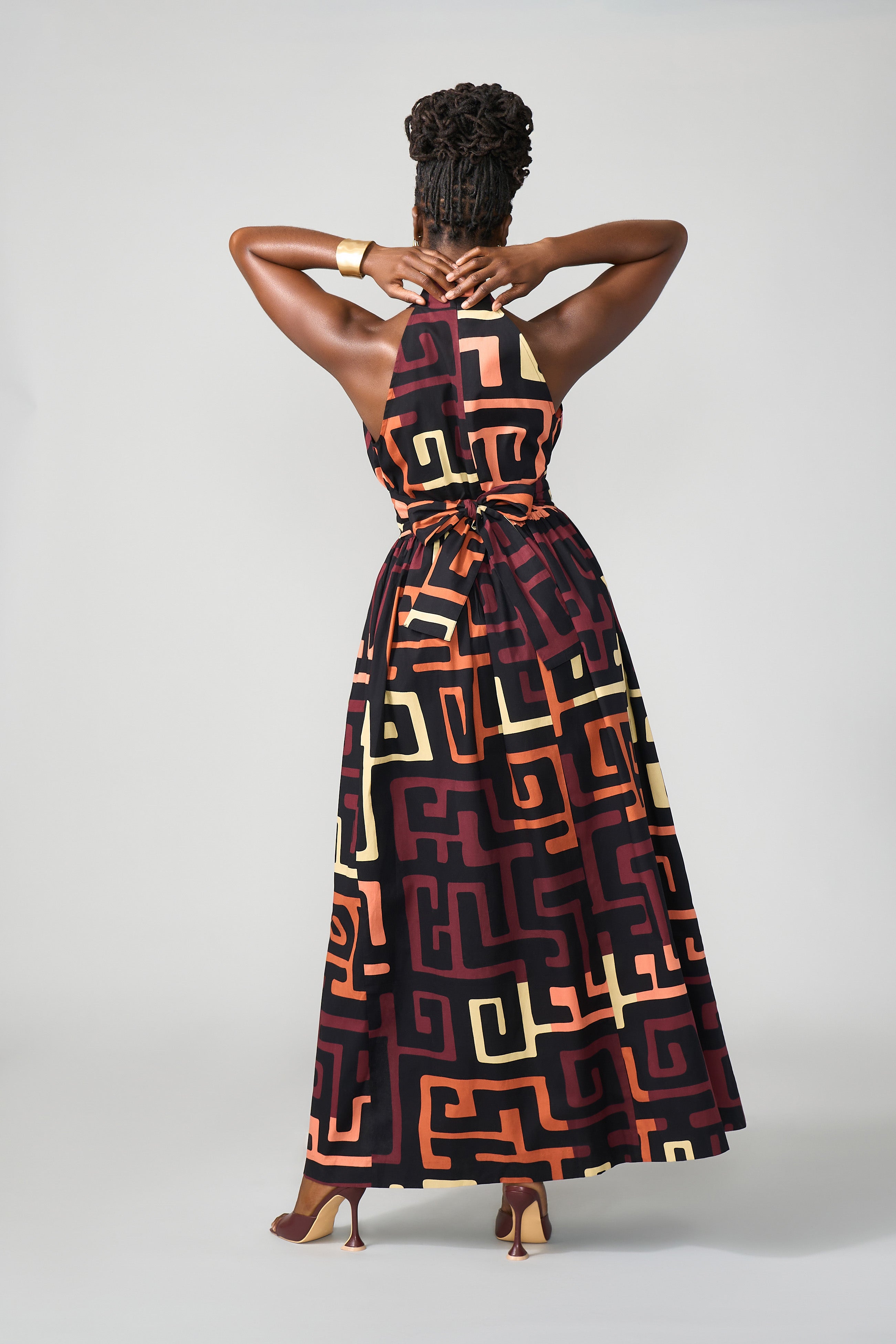 Ronke Women's African Print Maxi Dress (Neutral Kuba Geometric)