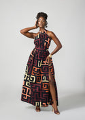 Ronke Women's African Print Maxi Dress (Neutral Kuba Geometric)