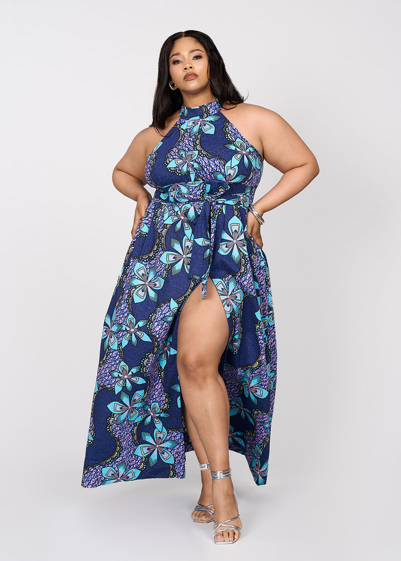 Ronke Women's African Print Maxi Dress (Light Blue Pink Iris)