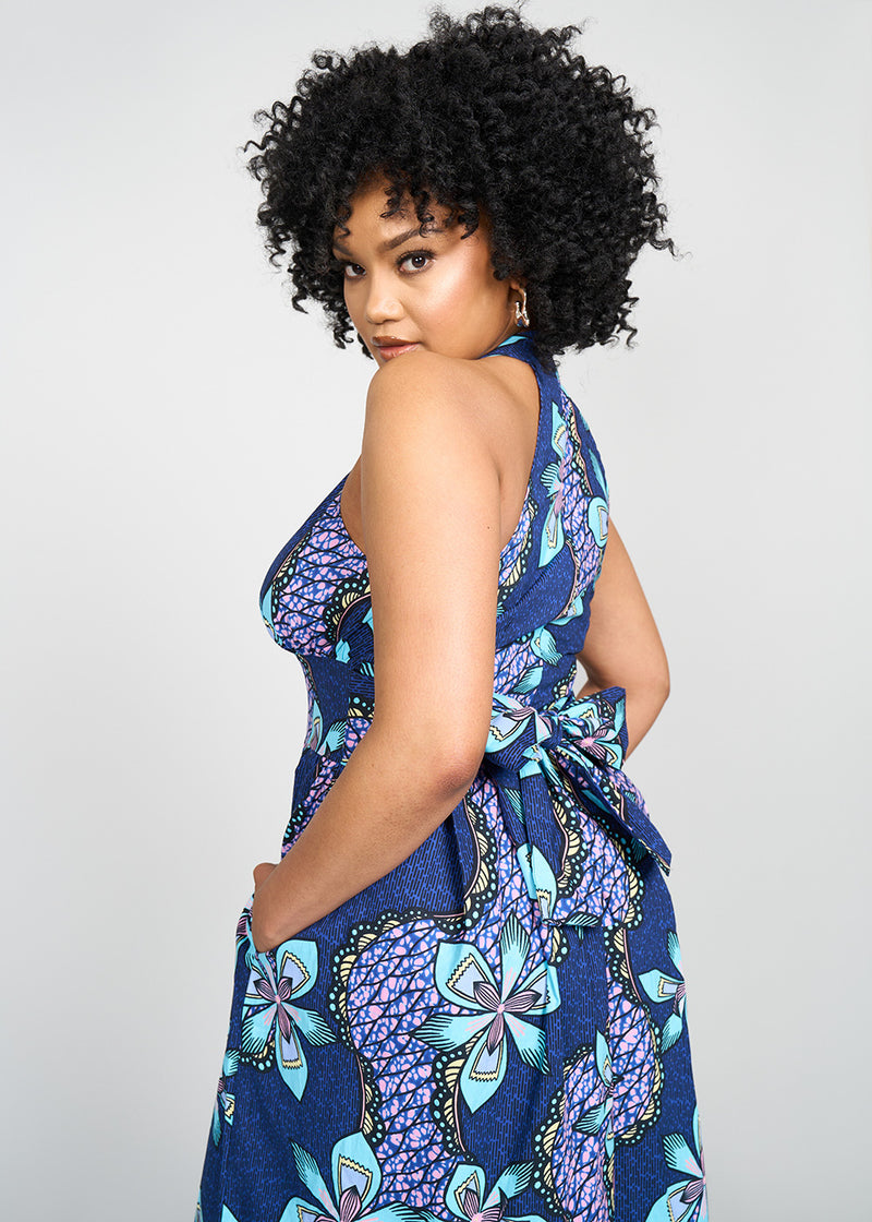 Ronke Women's African Print Maxi Dress (Light Blue Pink Iris)