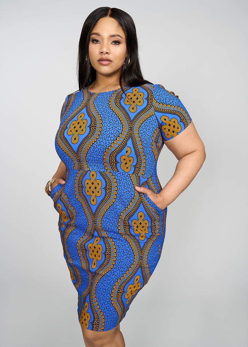 Sabella Womens African Print Stretch Dress Gold Blue Motif Diyanu 