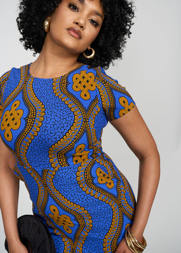 Sabella Women's African Print Stretch Dress (Gold Blue Motif)