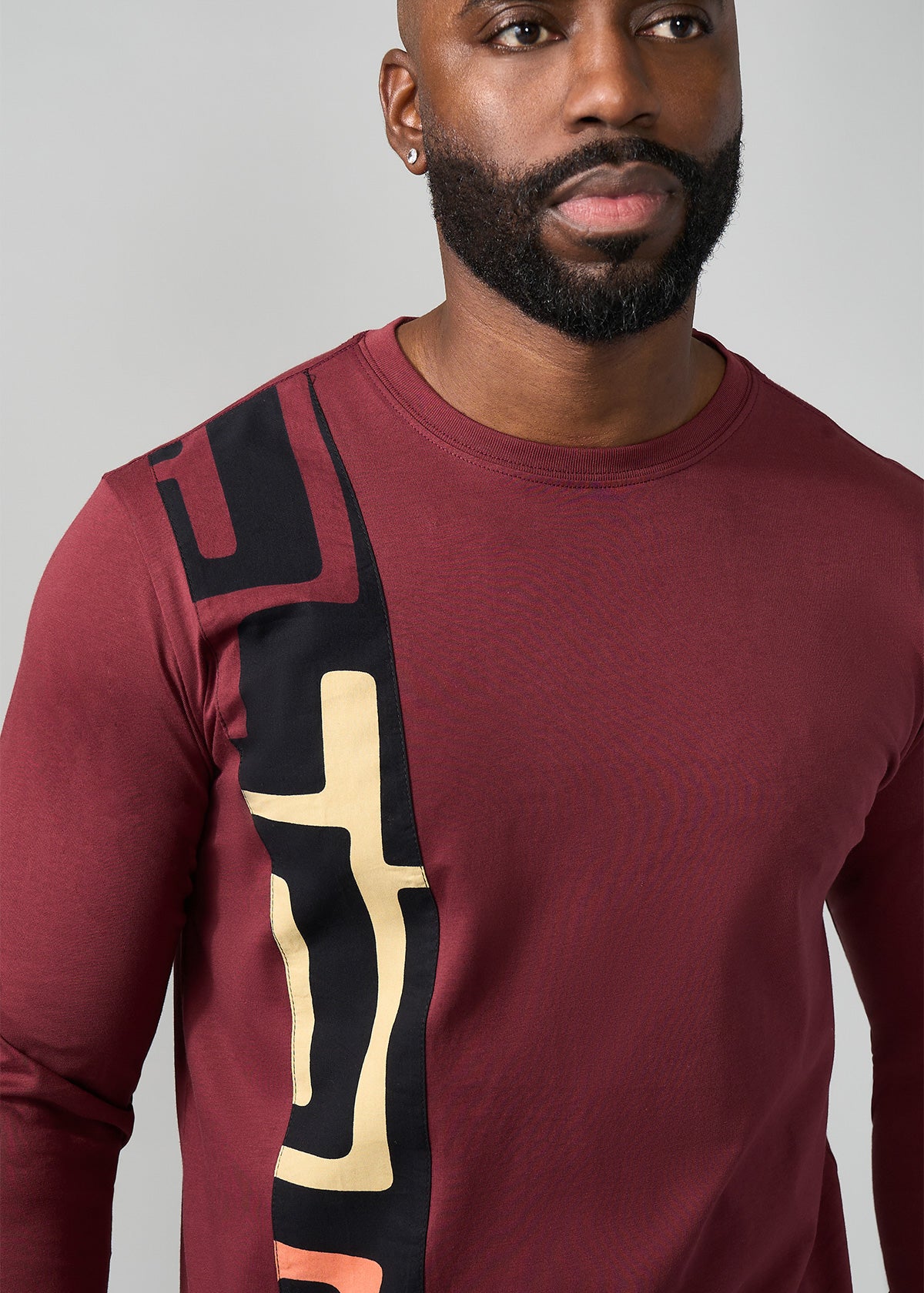 Simba Men's African Print Applique T-Shirt (Neutral Kuba Geometric)