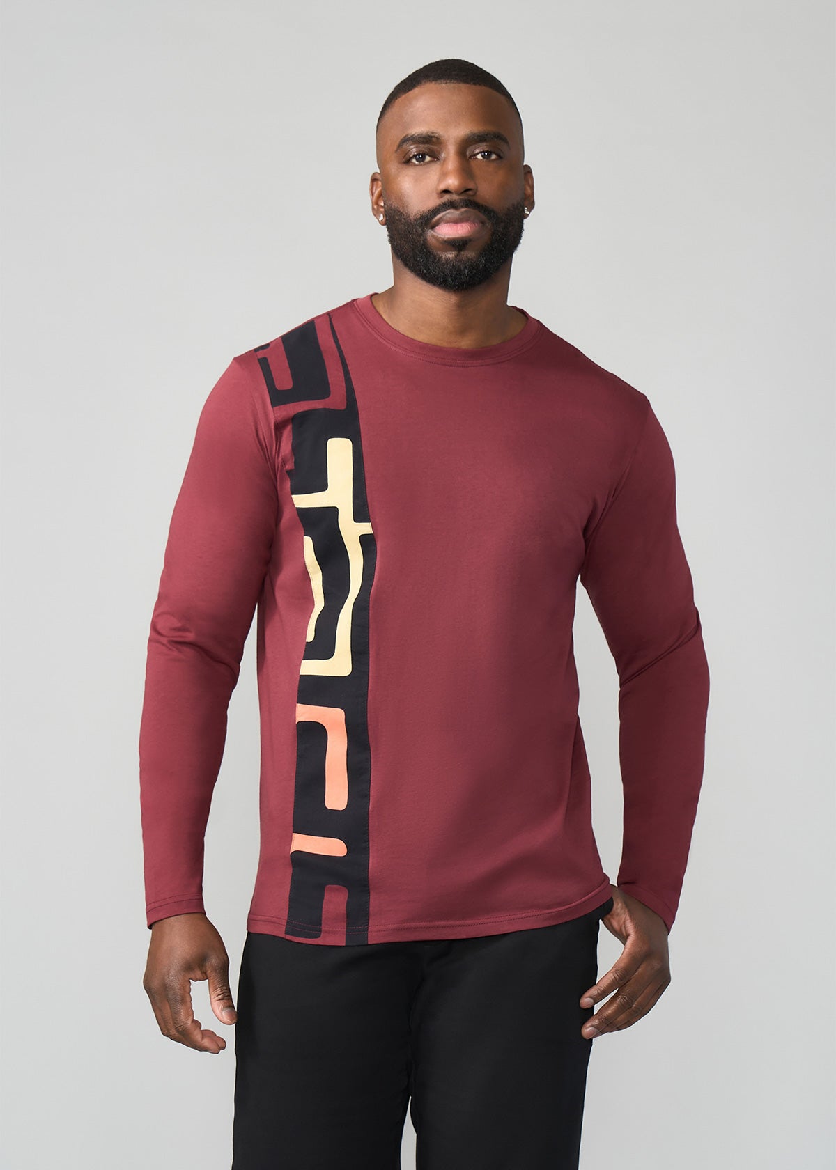 Simba Men's African Print Applique T-Shirt (Neutral Kuba Geometric)