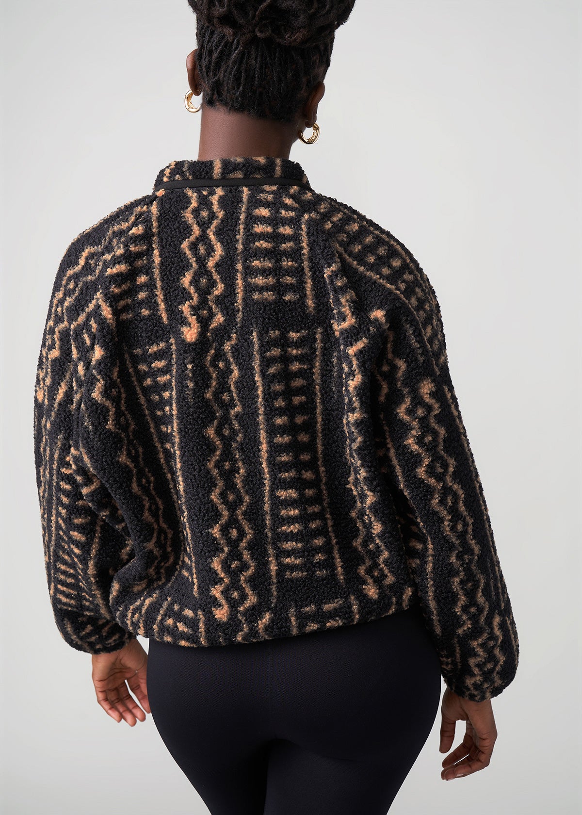 Sisi Women's African Print Teddy Fleece Jacket (Tan Tribal Lines)