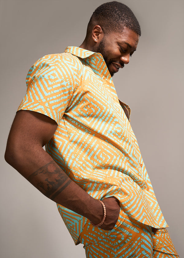 Tahir Men's African Print Button-Up Shirt (Orange Blue Adire)