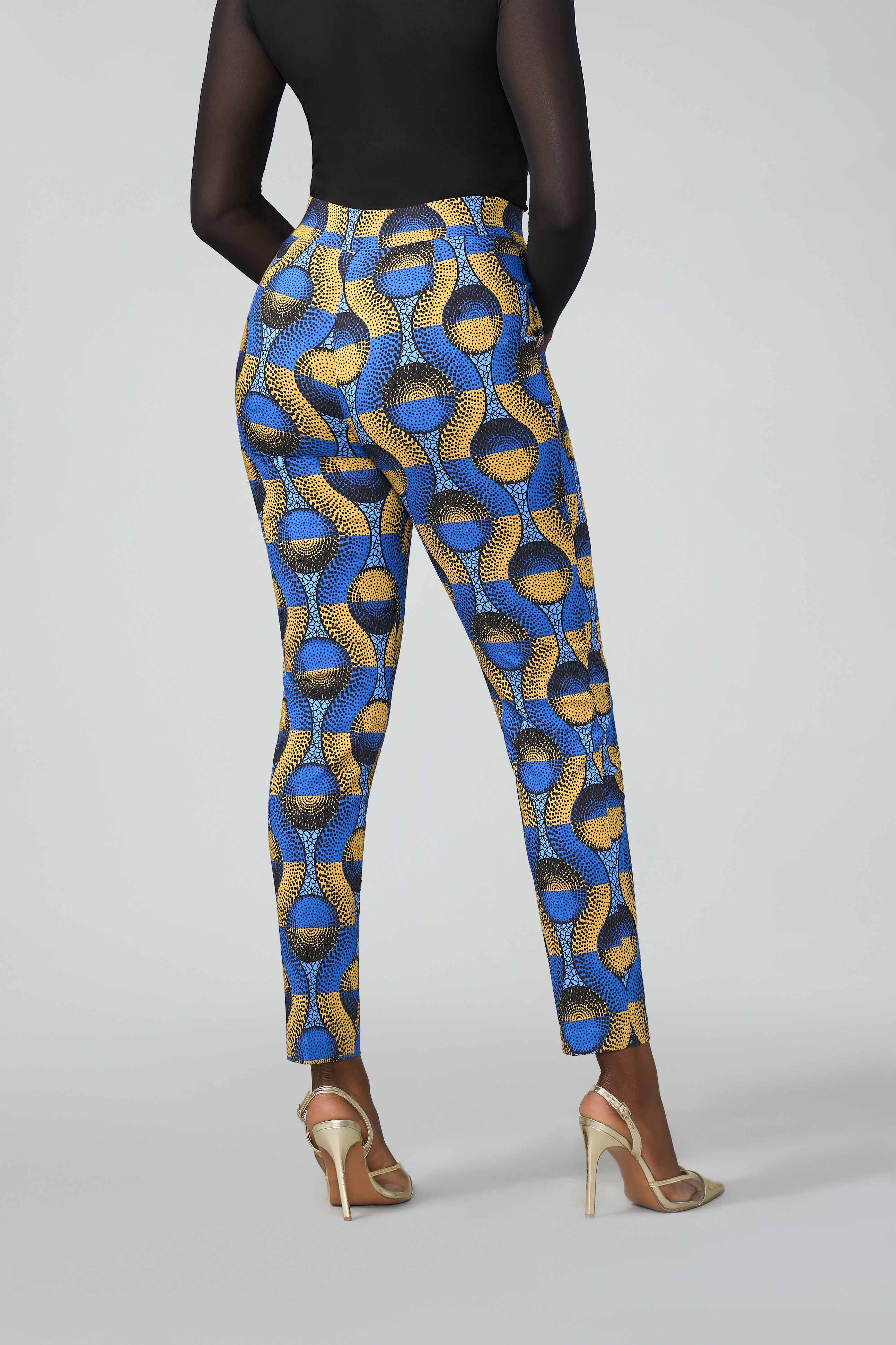 Talia Women's African Print Stretch Pants (Blue Gold Circles)