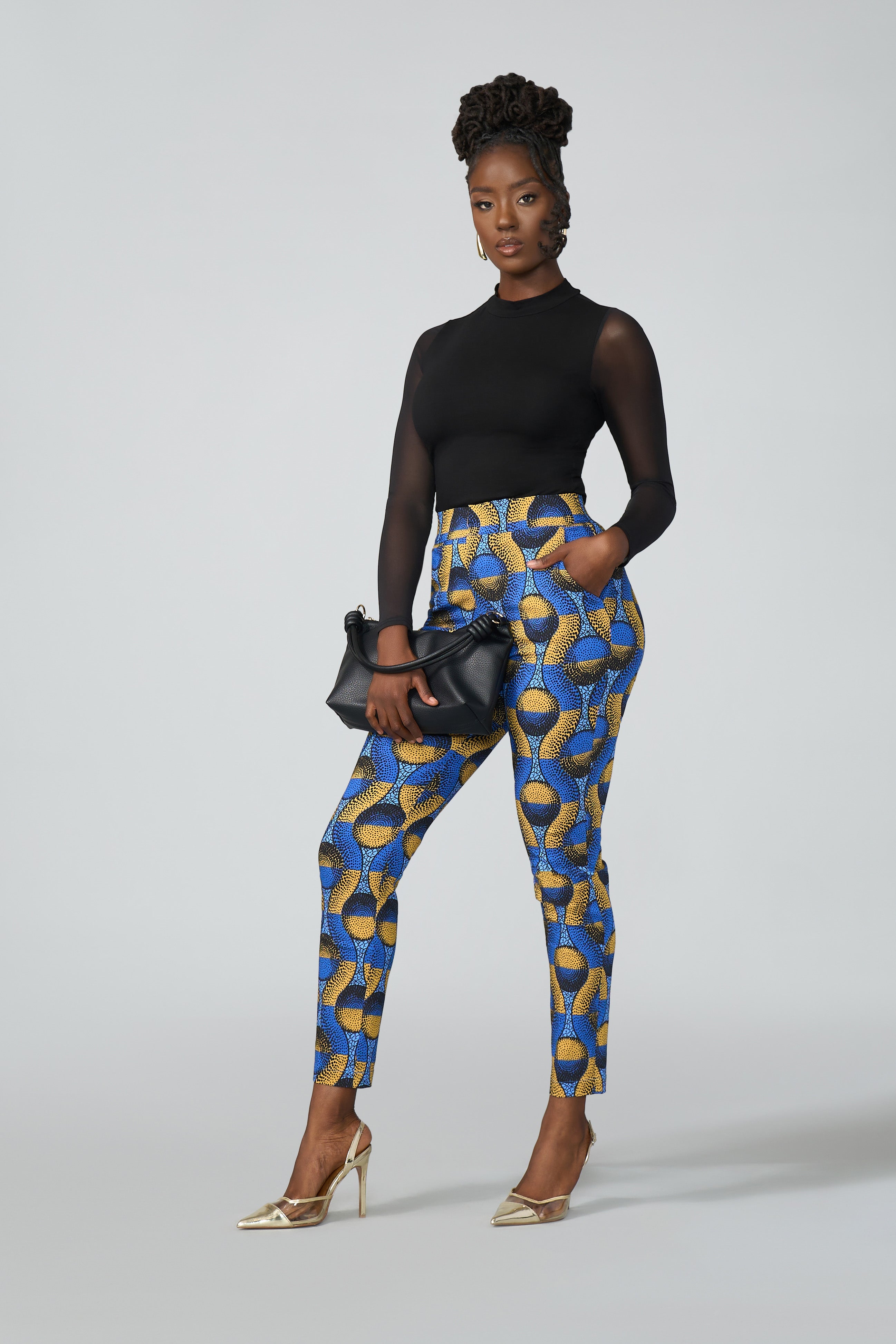 Talia Women's African Print Stretch Pants (Blue Gold Circles)