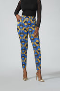 Talia Women's African Print Stretch Pants (Blue Gold Circles)