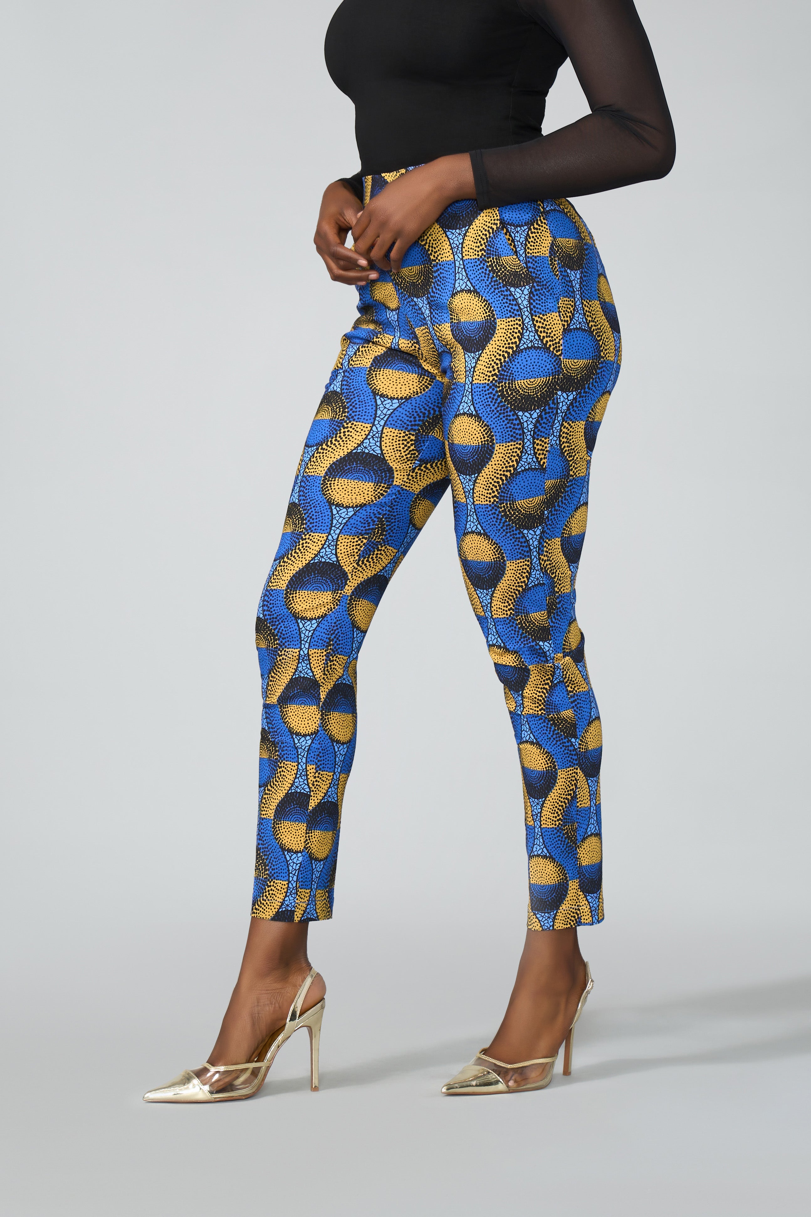 Talia Women's African Print Stretch Pants (Blue Gold Circles)