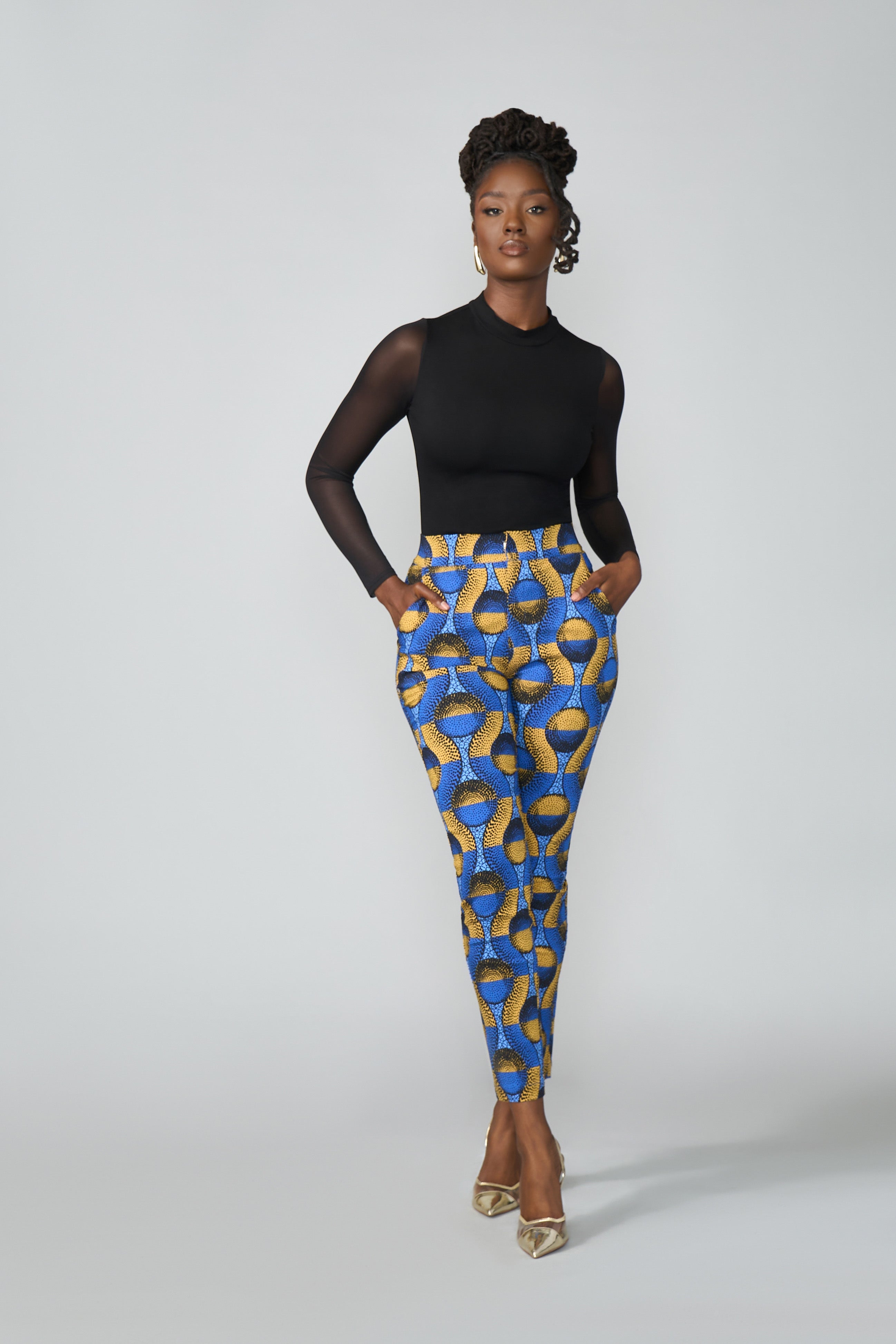 Talia Women's African Print Stretch Pants (Blue Gold Circles)