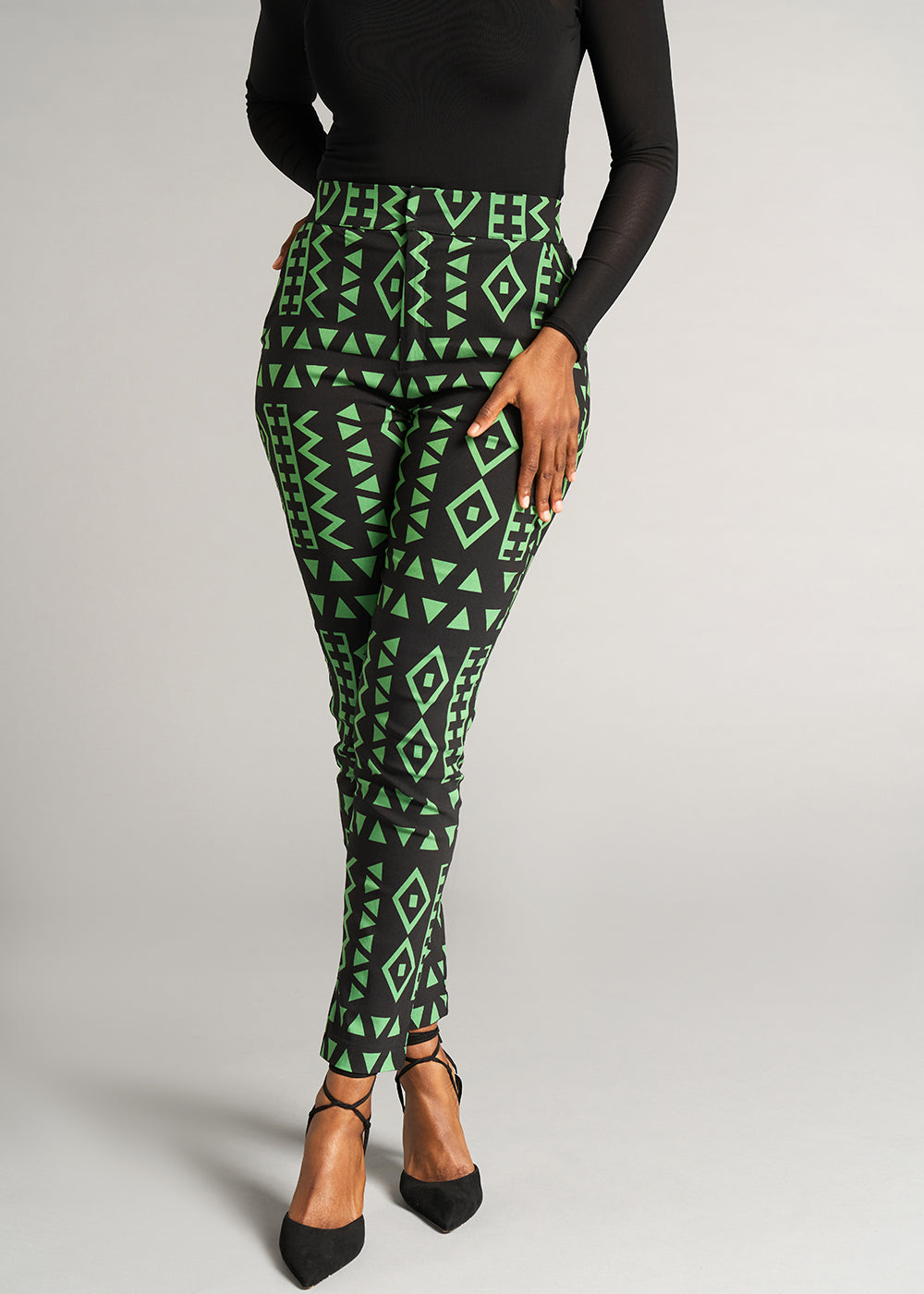 Talia Women's African Print Stretch Pants (Moss Black Geometric) - Clearance