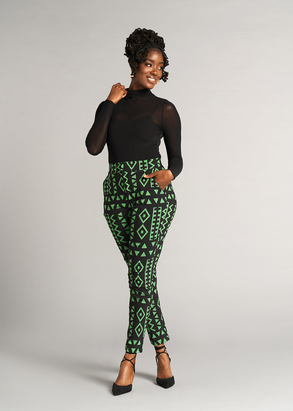 Talia Women's African Print Stretch Pants (Moss Black Geometric) - Clearance