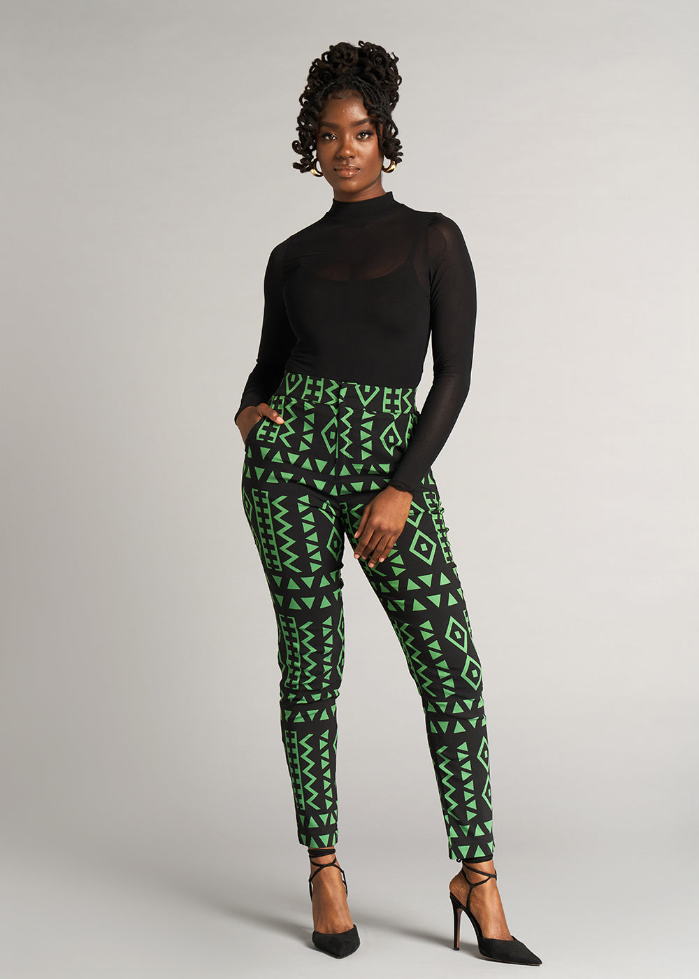 Talia Women's African Print Stretch Pants (Moss Black Geometric) - Clearance