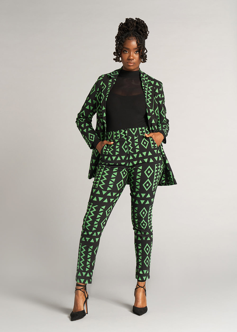 Talia Women's African Print Stretch Pants (Moss Black Geometric) - Clearance