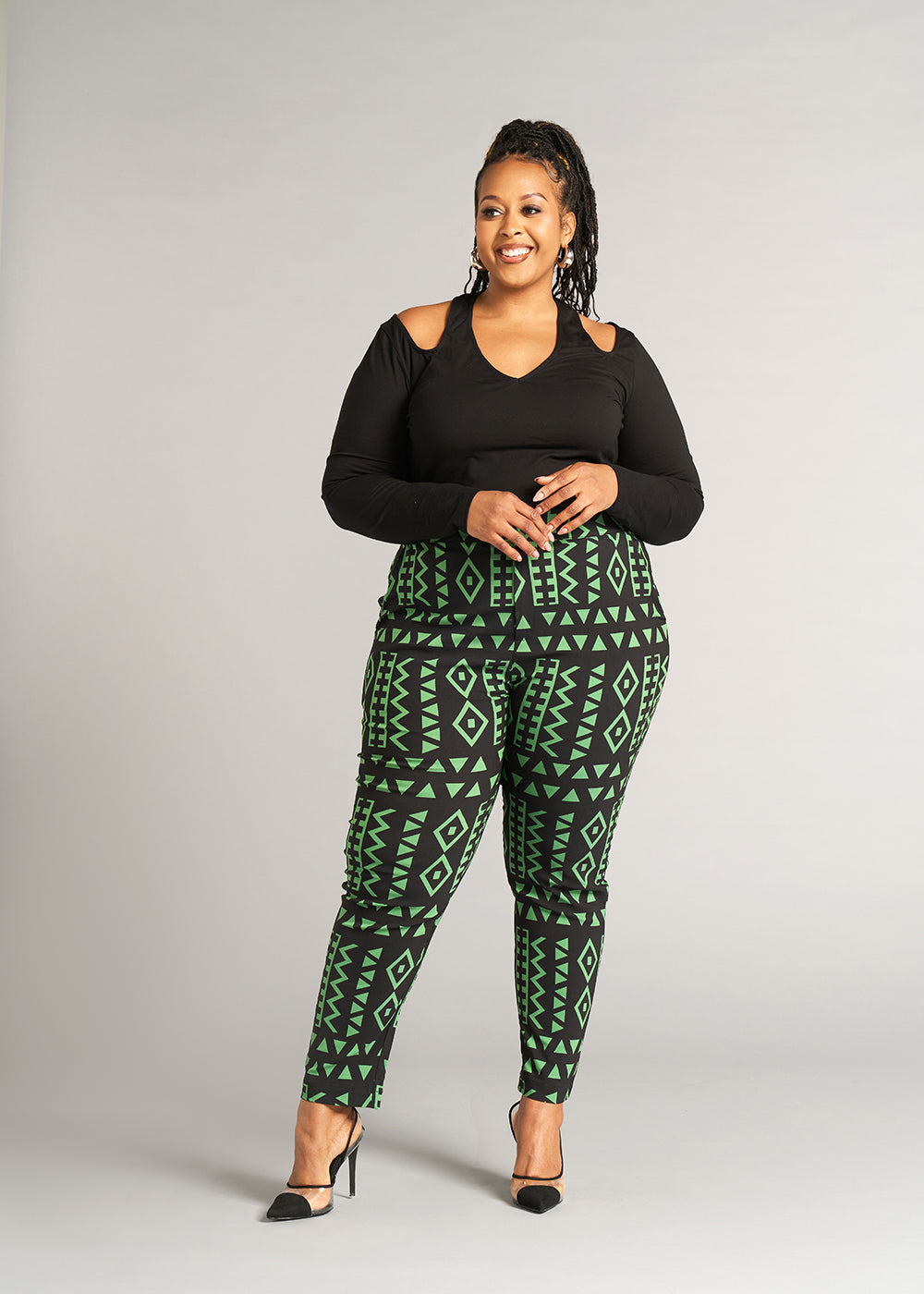 Talia Women's African Print Stretch Pants (Moss Black Geometric) - Clearance