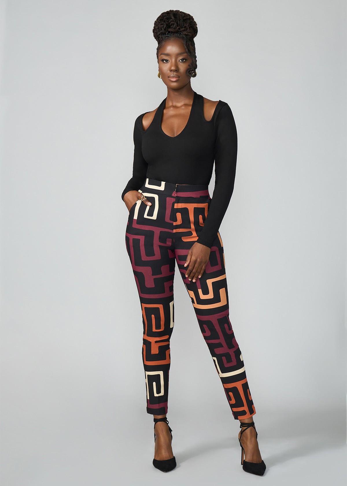 Talia Women's African Print Stretch Pants (Neutral Kuba Geometric)