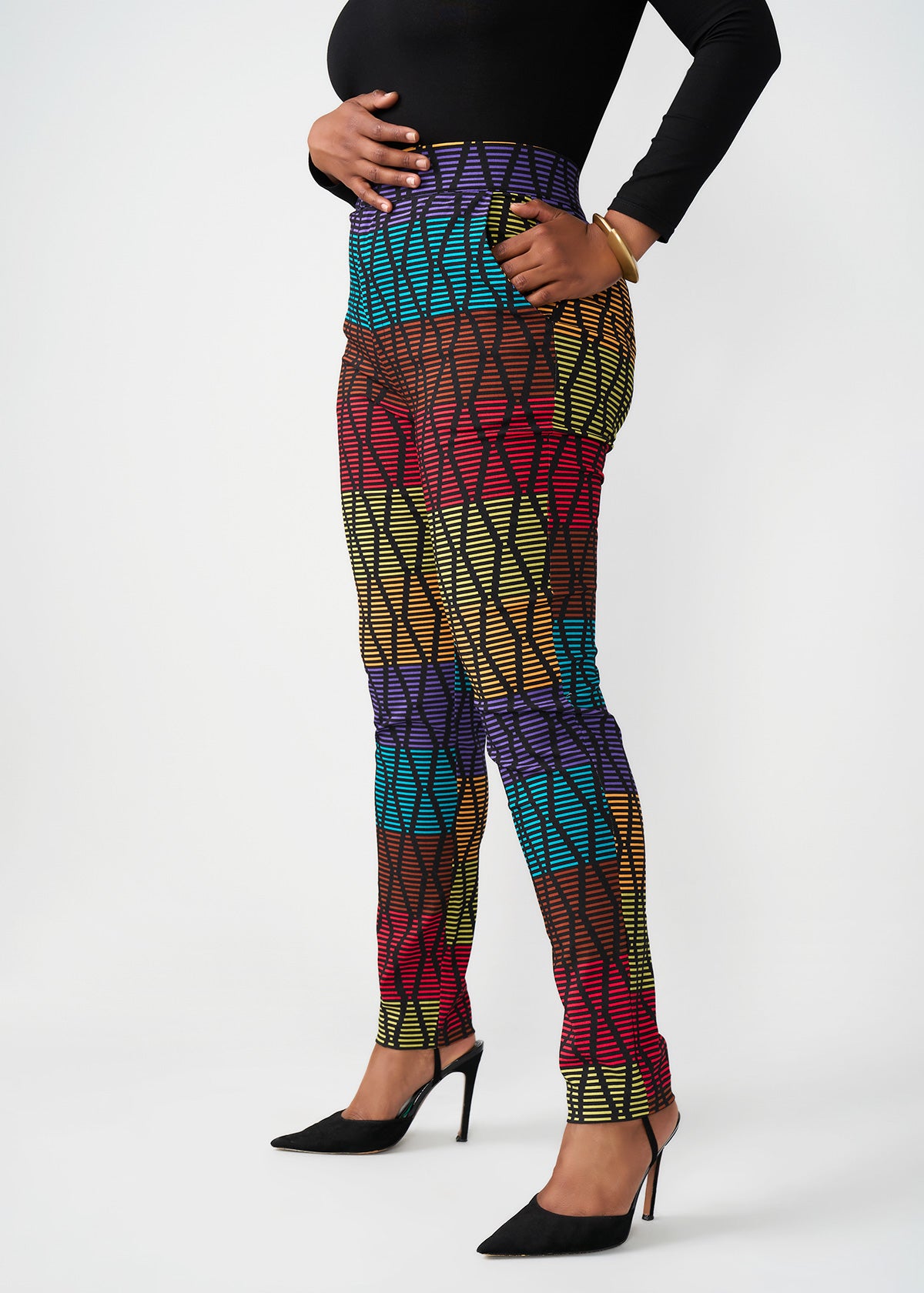 Talia Women's African Print Stretch Pants (Rainbow Diamond Stripes)