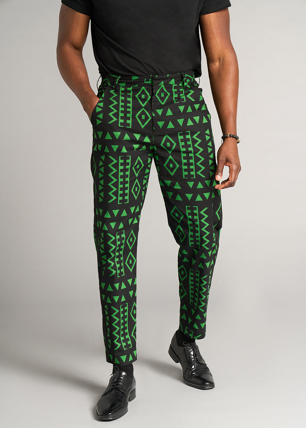 Tendai Men's African Print Trousers (Moss Black Geometric) - Clearance