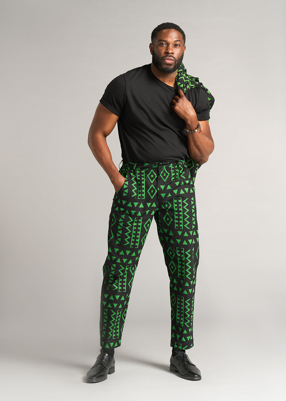 Tendai Men's African Print Trousers (Moss Black Geometric) - Clearance