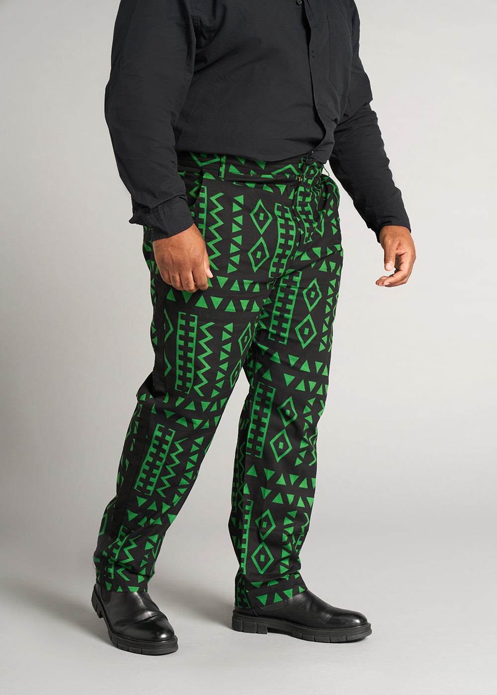 Tendai Men's African Print Trousers (Moss Black Geometric) - Clearance