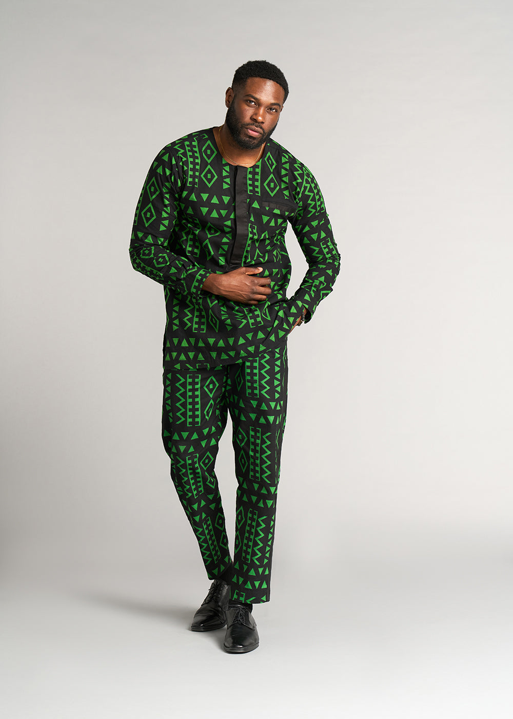 Tendai Men's African Print Trousers (Moss Black Geometric) - Clearance