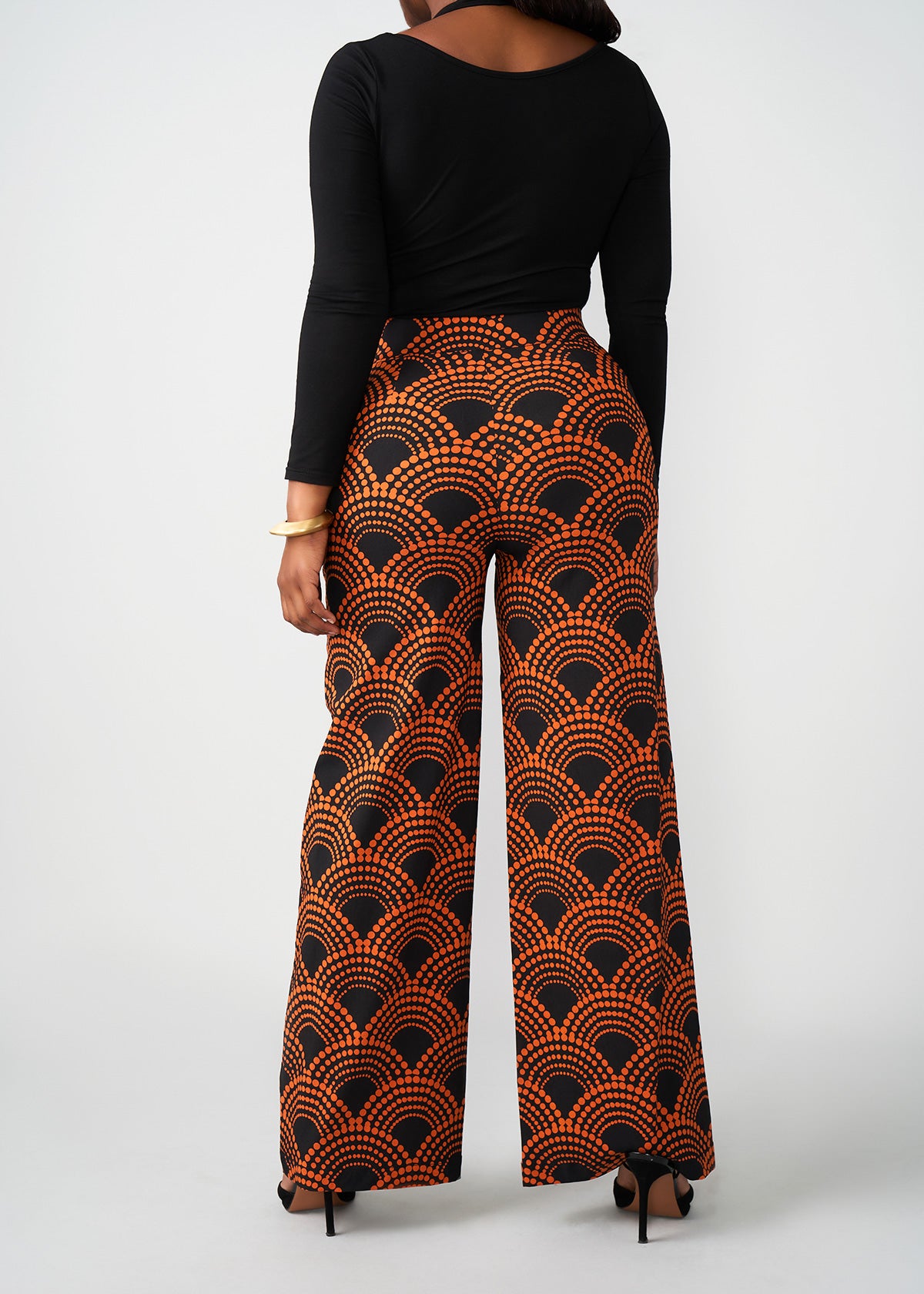 Thema Women's African Print Stretch Wide Leg Pants (Black Amber Dots)