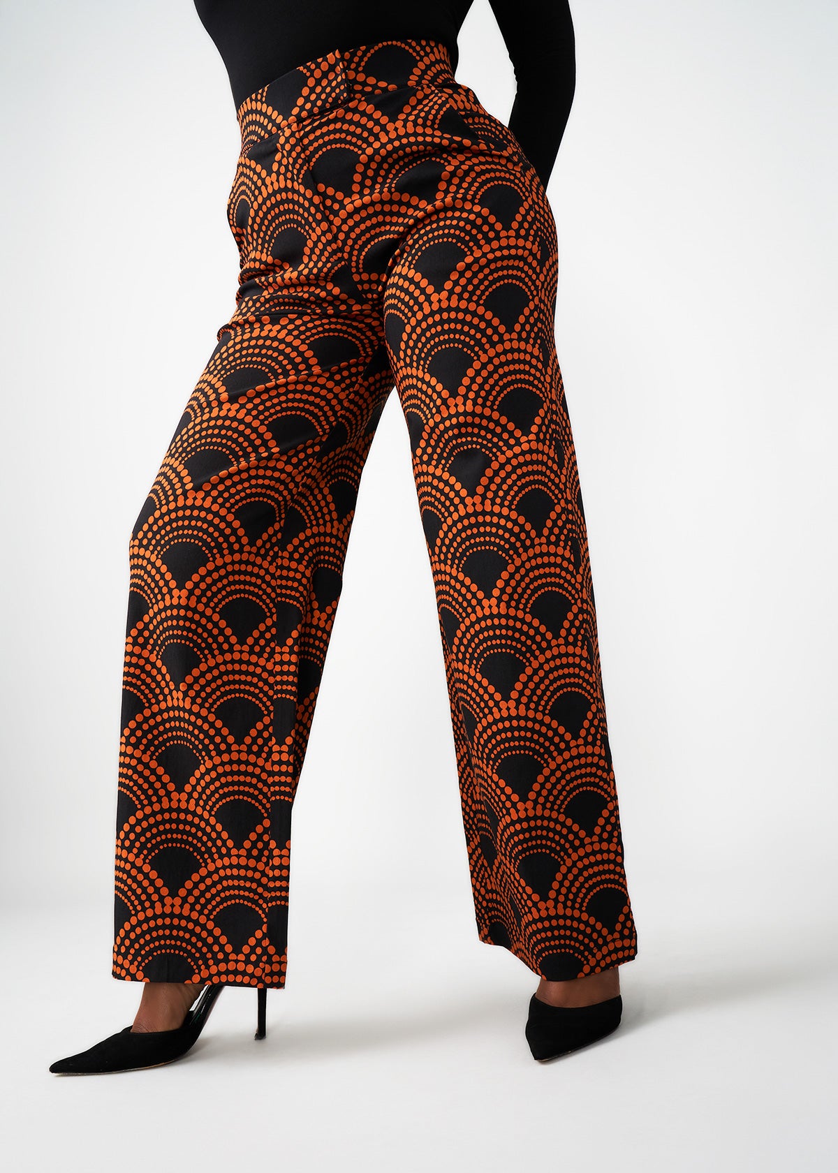 Thema Women's African Print Stretch Wide Leg Pants (Black Amber Dots)