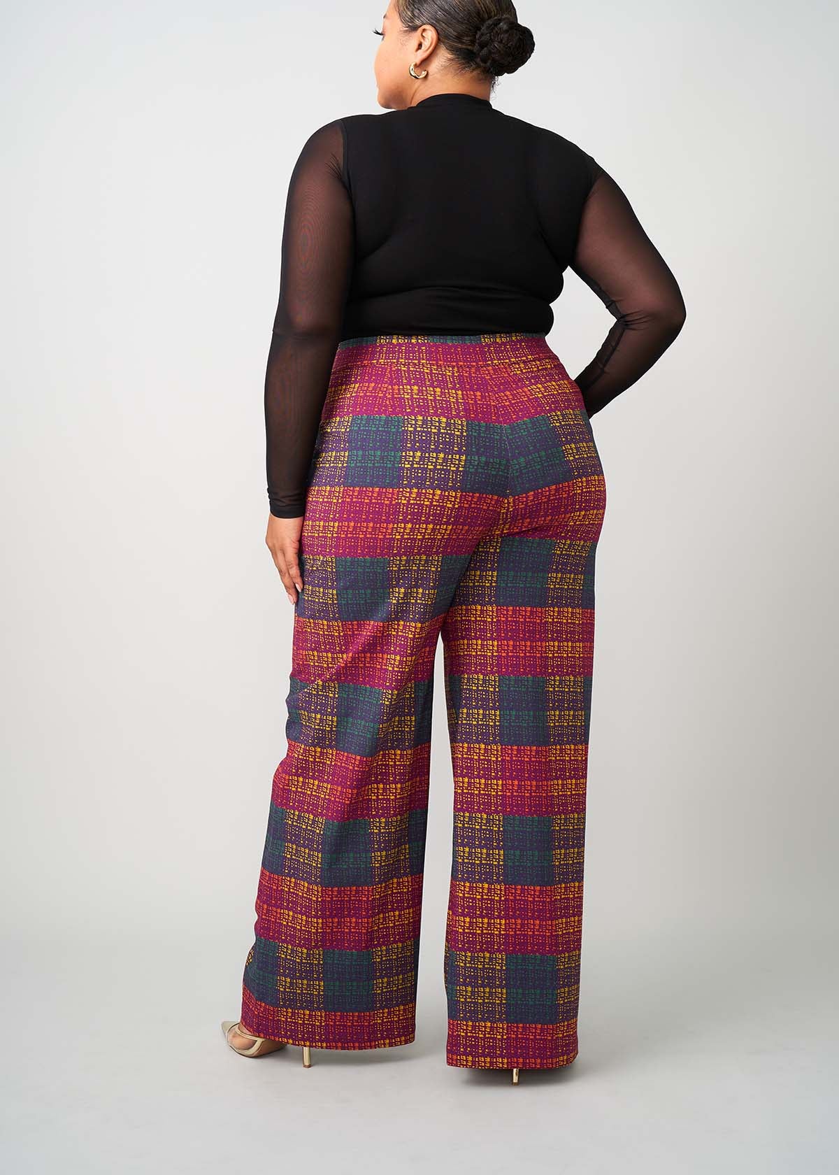 Thema Women's African Print Stretch Wide Leg Pants (Harvest Plaid Adire)