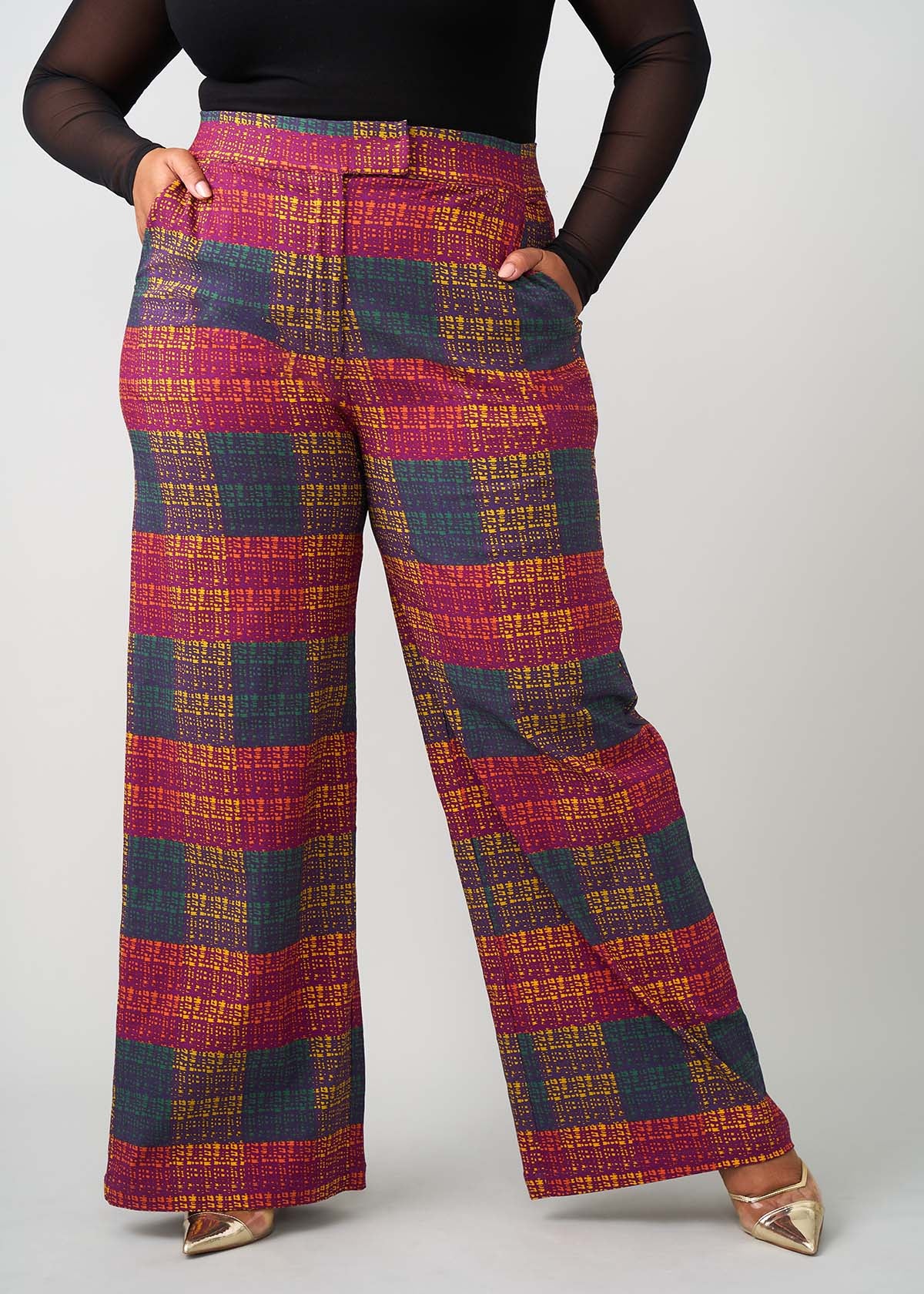 Thema Women's African Print Stretch Wide Leg Pants (Harvest Plaid Adire)