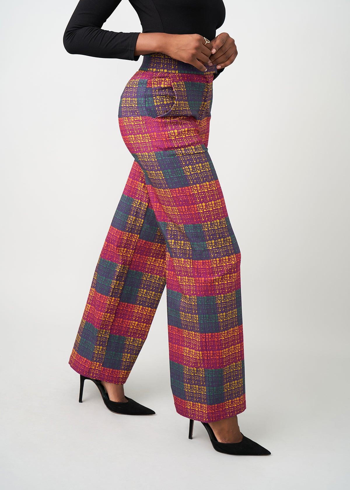 Thema Women's African Print Stretch Wide Leg Pants (Harvest Plaid Adire)