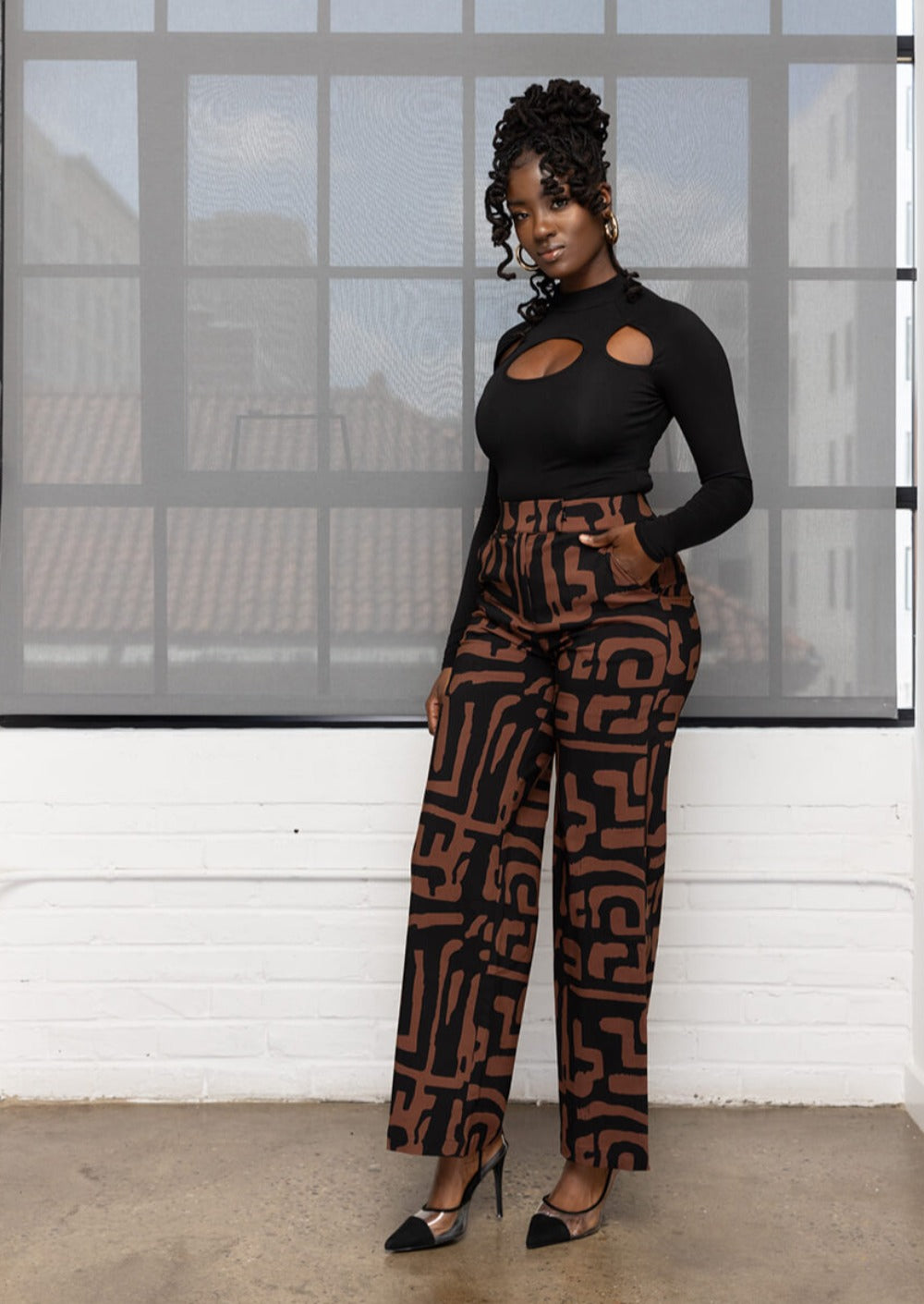 Thema Women's African Print Wide Leg Stretch Pants (Espresso Geometric)