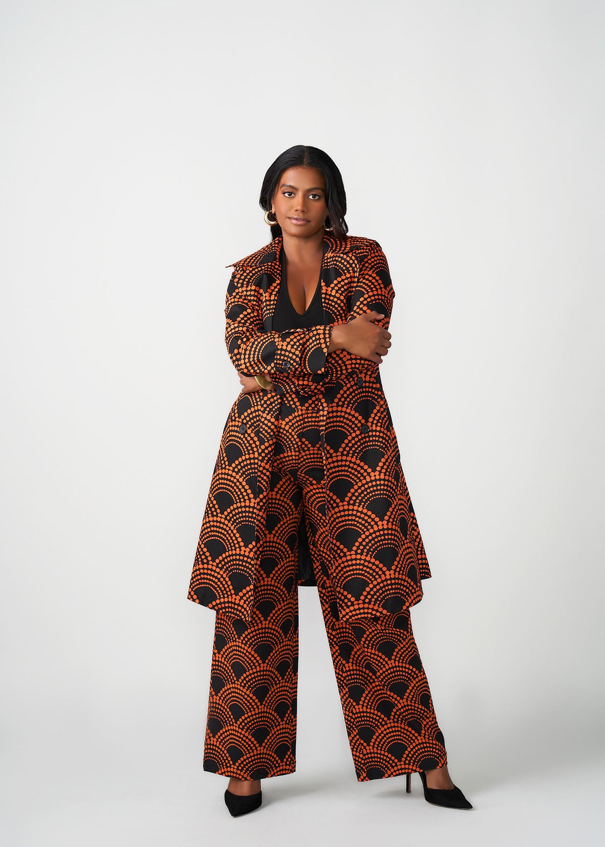 Thema Women's African Print Stretch Wide Leg Pants (Black Amber Dots)